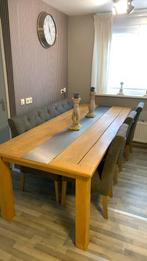 Grote zware tafel 2,50 bij 1,00 met 3 stoelen en bank, Huis en Inrichting, Tafels | Eettafels, 200 cm of meer, Gebruikt, Rechthoekig