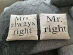 Set van 2 sierkussens 'Mr. Right' & 'Mrs. Always Right', Ophalen of Verzenden, Zo goed als nieuw, Beige, Vierkant