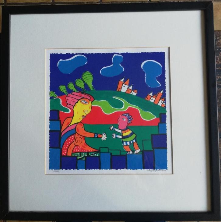 Maartje Wijngaarden (1947), Geluk. 53/53 cm. Zeefdruk., Antiek en Kunst, Kunst | Litho's en Zeefdrukken, Ophalen