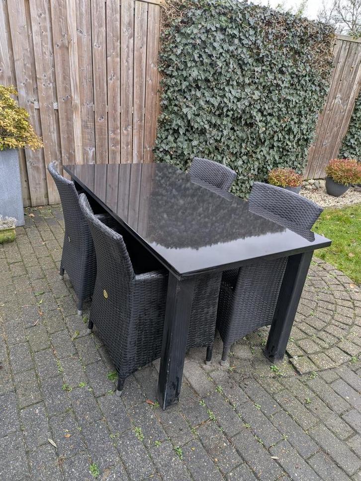 Tuinset met granieten tafelblad en 4 stoelen, Tuin en Terras, Tuinsets en Loungesets, Zo goed als nieuw, Tuinset, Kunststof, 4 zitplaatsen