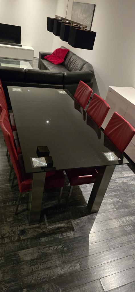 Glazen zwarte tafel met rvs poten, Huis en Inrichting, Tafels | Eettafels, Gebruikt, 50 tot 100 cm, 150 tot 200 cm, Vijf personen of meer