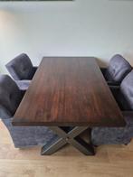 Bruine tafel met 4 grijze stoelen, Huis en Inrichting, Ophalen, Gebruikt, 100 tot 150 cm, 150 tot 200 cm
