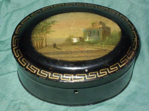 Zwart blikje met beschildering 19e eeuw - koektrommel, Antiek en Kunst, Curiosa en Brocante, Ophalen of Verzenden