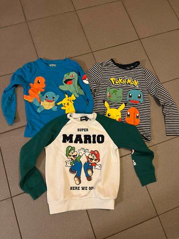 2 shirts lange mouwen Pokemon en 1 Mario trui maat 128 beschikbaar voor biedingen
