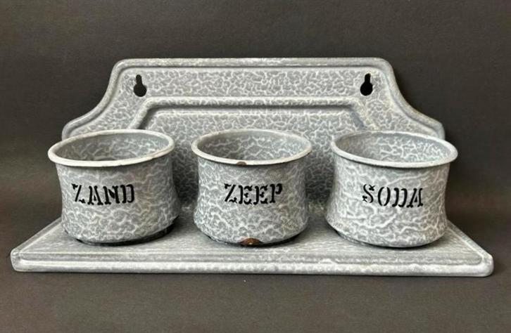 Grijs Gewolkt Zand, Zeep, Soda Rek, Antiek en Kunst, Antiek | Emaille, Ophalen of Verzenden