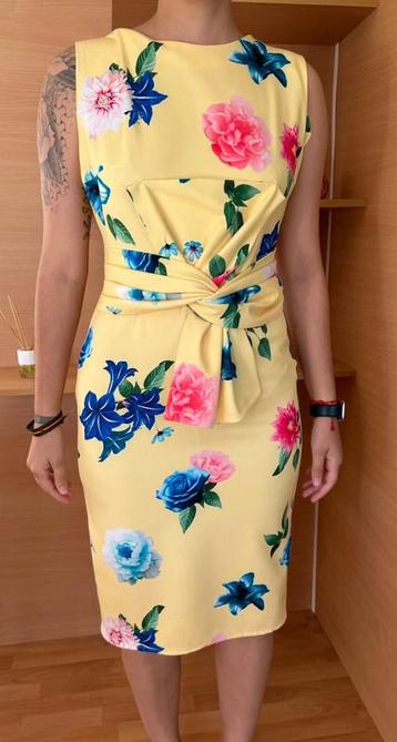 Cayma elegante jurk zacht geel/bloemenprint strikdetail 40 beschikbaar voor biedingen