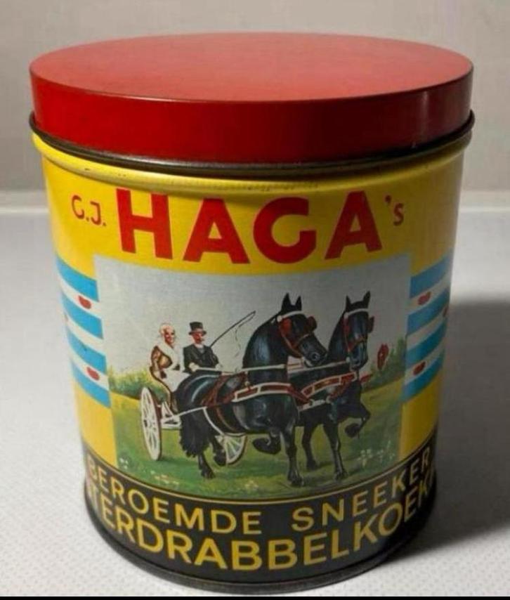 Rond blik G.J. HAGA’s beroemde Sneeker Boterdrabbelkoeken., Verzamelen, Blikken, Zo goed als nieuw, Overige, Overige merken, Ophalen of Verzenden