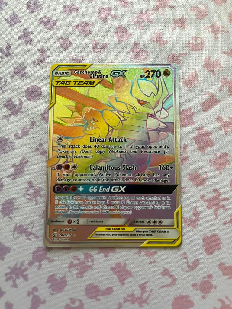 Rainbow Rare Garchomp & Giratina Tag Team GX NM, Ophalen of Verzenden, Zo goed als nieuw, Losse kaart