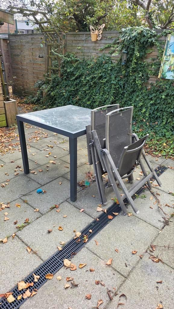 Glazen Tuintafel 90x90 + 4 Inklapbare Stoelen, Tuin en Terras, Tuintafels, Ophalen