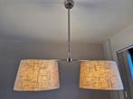 Dimbare nikkel hanglamp,zandkleurige kap,2 dimbare ledlampen, Ophalen, Gebruikt, Beige, Rond