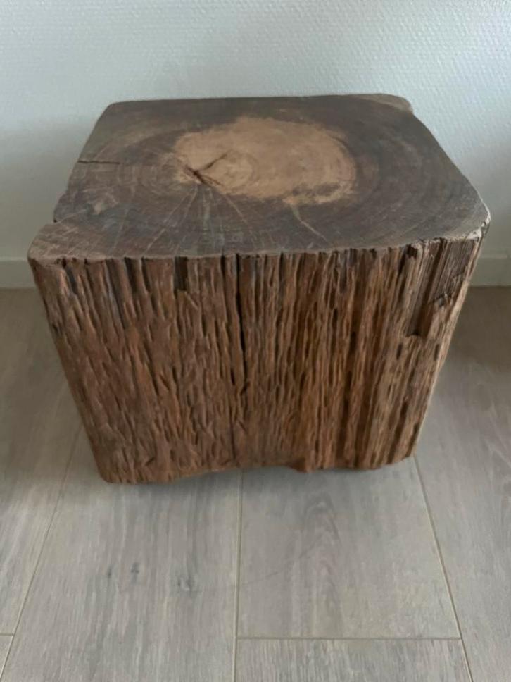 Unieke hardhouten bijzettafel & hocker - 32x32x31 cm, Huis en Inrichting, Tafels | Salontafels, Gebruikt, Minder dan 50 cm, Minder dan 50 cm