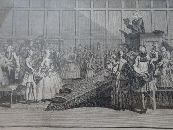 gravure huwelijksceremonie Gereformeerden Amsterdam 1730, Antiek en Kunst, Kunst | Etsen en Gravures, Verzenden