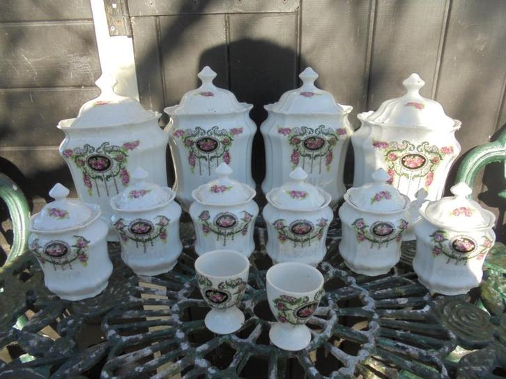 Grote Voorraadpotten set met roze roosjes ornamentjes guirl., Antiek en Kunst, Antiek | Servies compleet, Ophalen of Verzenden