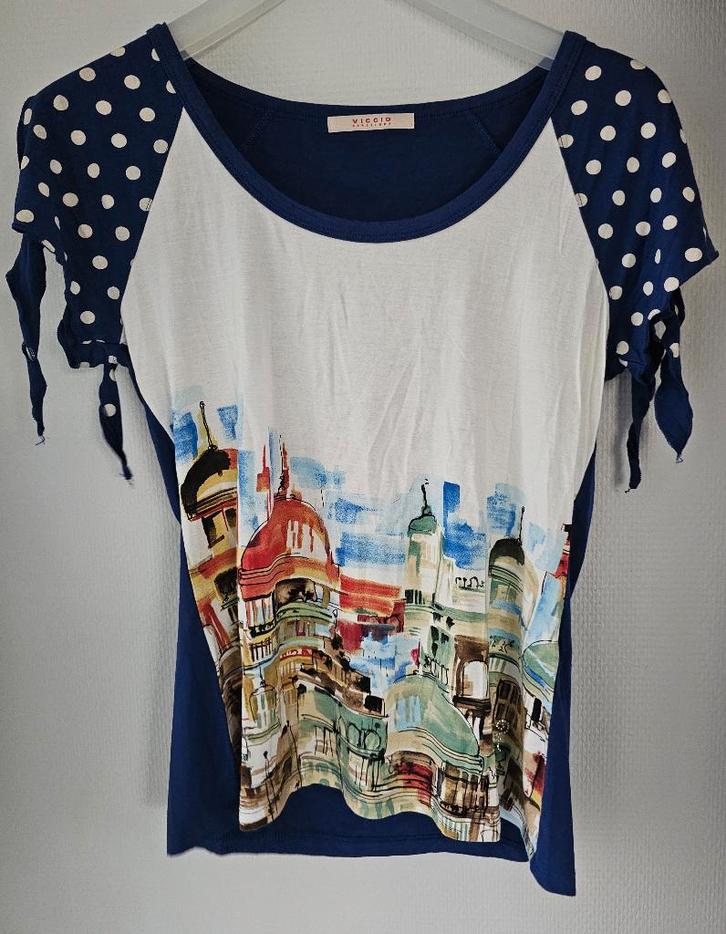 blauwe T-shirt met print, Kleding | Dames, T-shirts, Gedragen, Maat 42/44 (L), Blauw, Korte mouw, Ophalen of Verzenden