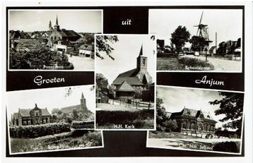 Ansichtkaart Anjum, Schoolstraat, Chr. Nat. School, Panorama beschikbaar voor biedingen