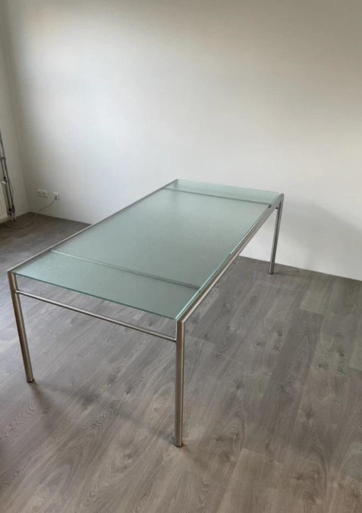 eettafel of tuintafel met ruwe glasblad (aan 1 kant), Tuin en Terras, Tuintafels, Gebruikt, Rechthoekig, Rvs, Ophalen