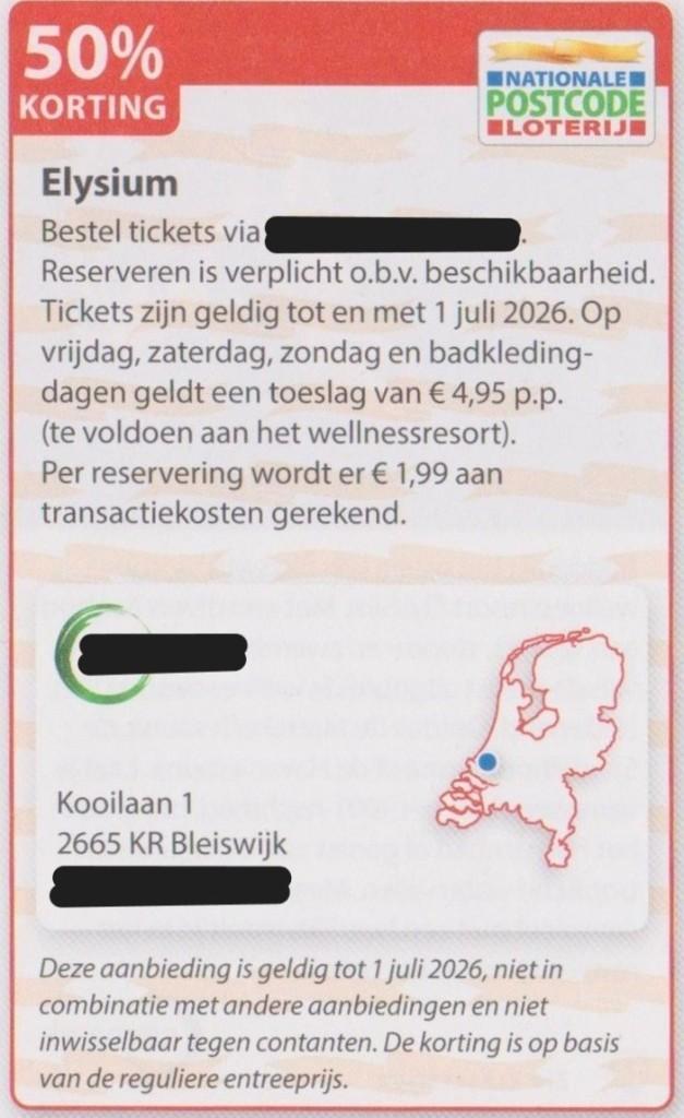 Elysium Bleijswijk. 50% korting. Postcodeloterij kortingsbon, Tickets en Kaartjes, Kortingen en Cadeaubonnen, Drie personen of meer