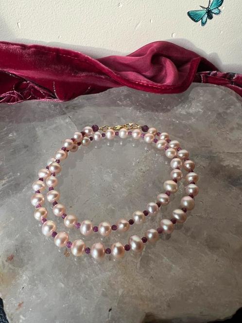 Parel zoetwater robijn facet geluk beschermt liefde harmonie, Sieraden, Tassen en Uiterlijk, Kettingen, Nieuw, Steen of Mineraal