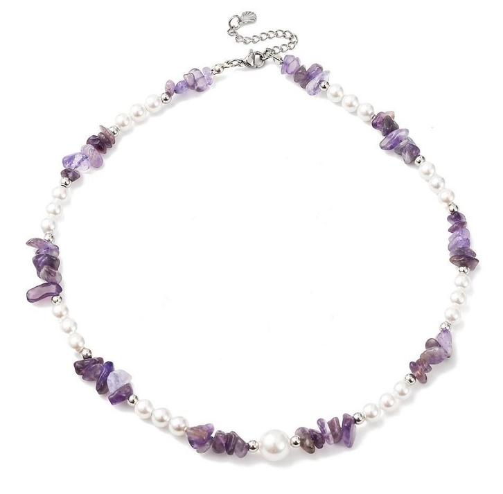 Ketting van amethist en parels, Sieraden, Tassen en Uiterlijk, Kettingen, Nieuw, Steen of Mineraal, Paars, Met edelsteen, Verstelbaar
