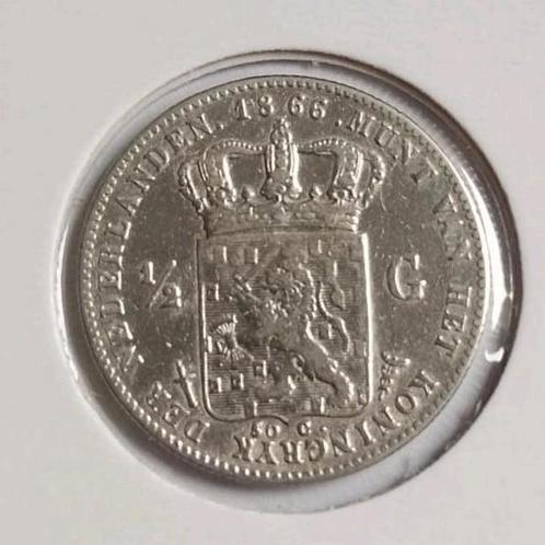 Nette Zilveren Halve (of 1/2) Gulden 1866 - Willem III, Postzegels en Munten, Munten | Nederland, Losse munt, ½ gulden, Koning Willem III