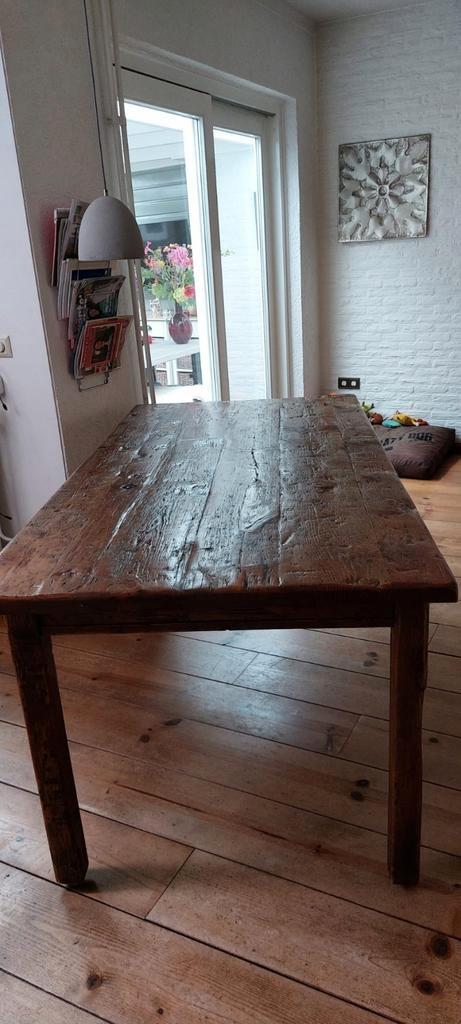 oud eiken wagonplanken eettafel met twee ladens, Huis en Inrichting, Tafels | Eettafels, Zo goed als nieuw, 50 tot 100 cm, 150 tot 200 cm