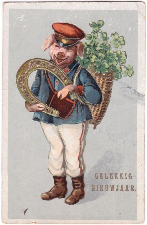Kaart 1928 - Varken Pet Hoefijzer Mand Klavertje Nieuwjaar, Verzamelen, Ansichtkaarten | Themakaarten, Gelopen, 1920 tot 1940