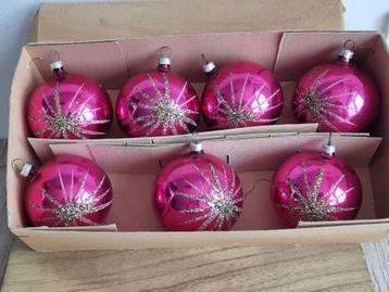 7 Prachtige Vintage Kerstballen Cerise Goud Glas WGermany beschikbaar voor biedingen