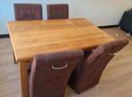 Eetkamerset – Massief hardhouten tafel + 4 suède stoelen, Ophalen, Gebruikt, Klassiek, 4 tot 6 stoelen