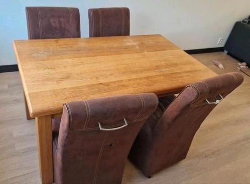Eetkamerset – Massief hardhouten tafel + 4 suède stoelen, Huis en Inrichting, Complete eetkamers, Gebruikt, 4 tot 6 stoelen, Ophalen