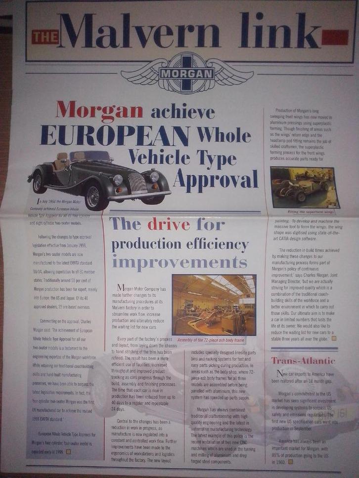 5x Morgan brochures/folders: Malvern Link + 3x 4/4 + TVR, Boeken, Auto's | Folders en Tijdschriften, Zo goed als nieuw, Overige merken