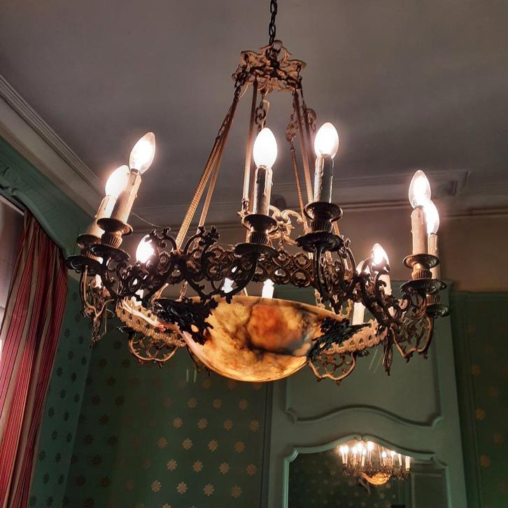 Antieke Art Deco Kroonluchter, Huis en Inrichting, Lampen | Kroonluchters, Gebruikt, Glas, Metaal, Ophalen