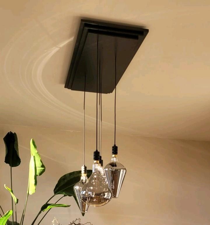 Zwart houten plateau met 5x Calex XXL Titanium, Huis en Inrichting, Lampen | Plafondlampen, Gebruikt, Ophalen