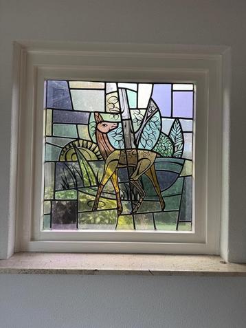 Glas-in-lood raam met hert – 75 x 75 cm – uniek kunstwerk beschikbaar voor biedingen