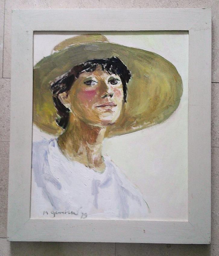 Portret vrouw met hoed '79 - Marja Gerritsen (geb. 1955), Antiek en Kunst, Kunst | Schilderijen | Klassiek, Ophalen of Verzenden