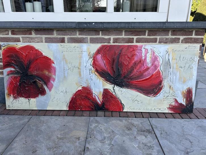 COBRA Canvas schilderij en rode bloemen, Antiek en Kunst, Kunst | Schilderijen | Abstract, Ophalen