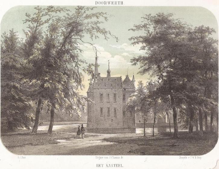 Doorwerth Kasteel Doorwerth 1857 Litho, Antiek en Kunst, Kunst | Etsen en Gravures, Ophalen of Verzenden