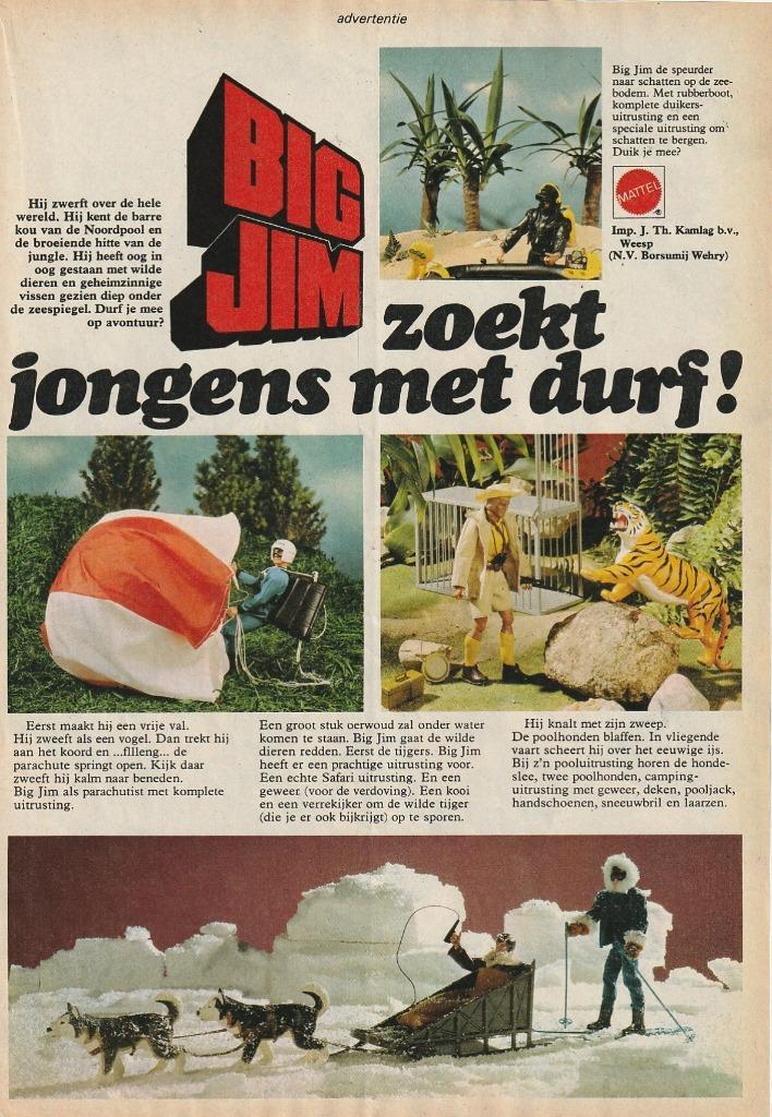 retro reclame 1977 Mattel Big Jim pop met poolhonden slee, Verzamelen, Retro, Overige typen, Verzenden