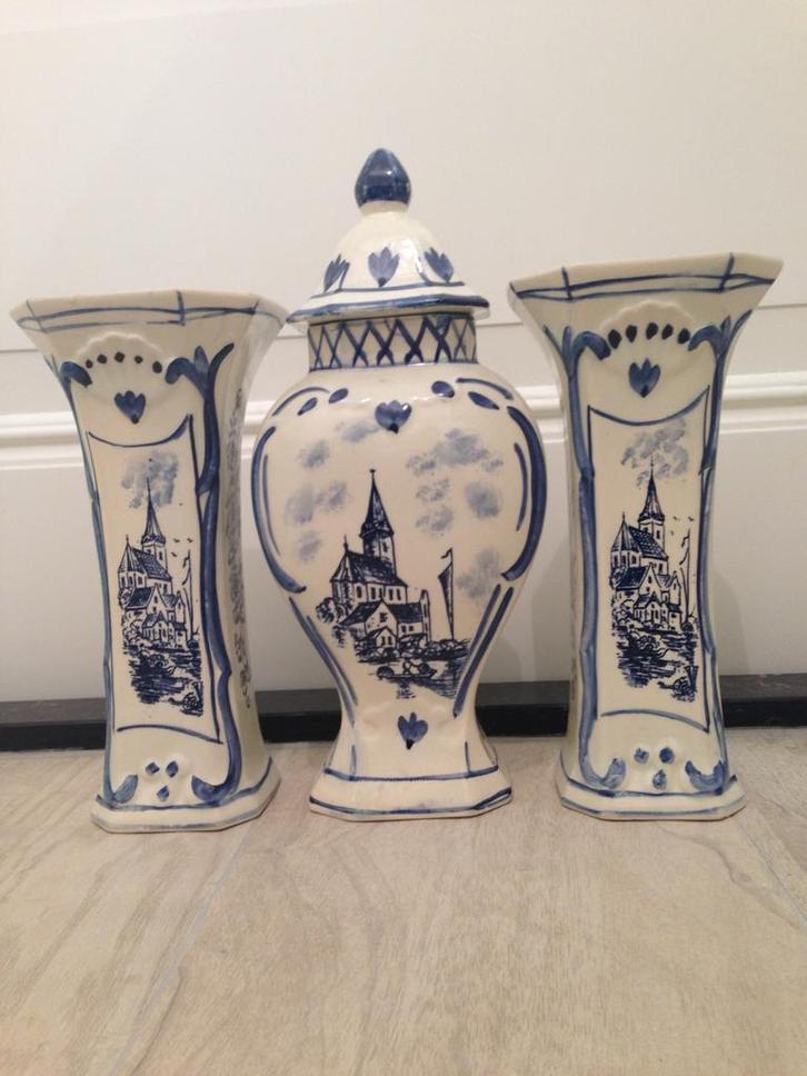 Delfts Blauw Kaststel - 3-delig, Huis en Inrichting, Woonaccessoires | Vazen, Gebruikt, Blauw, Minder dan 50 cm, Aardewerk of Porselein