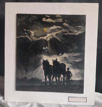 Olieverf op paneel - Boer achter ploeg - Paarden - 1950 beschikbaar voor biedingen