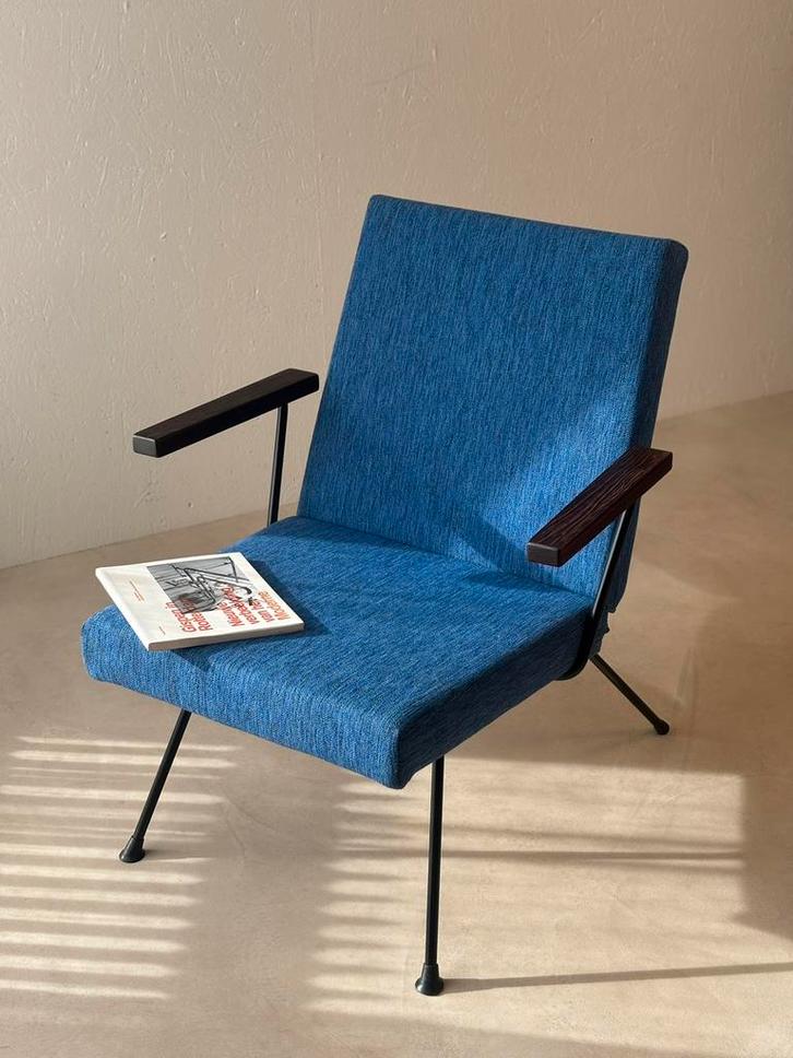 Gispen fauteuil 1409 André Cordemeyer petrolblauw jaren 60, Huis en Inrichting, Fauteuils, Gebruikt, Hout, Metaal, Stof, Overige materialen