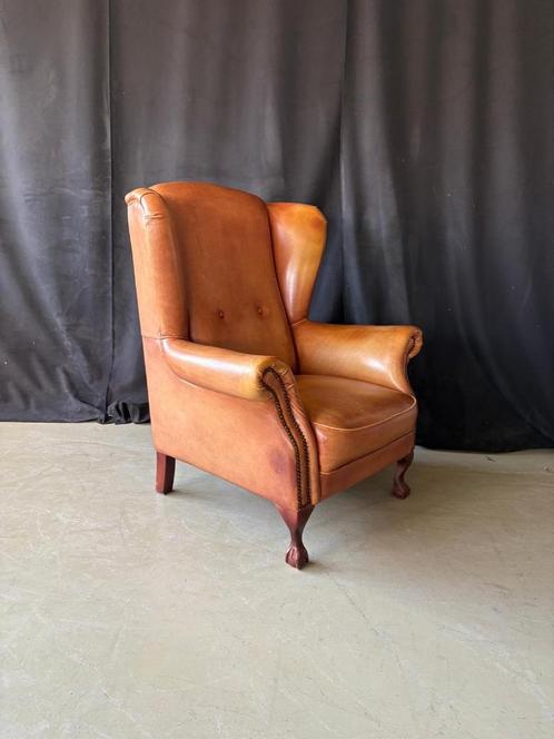 Engelse oorfauteuil in rundleder, Huis en Inrichting, Fauteuils, Gebruikt, Leer, 75 tot 100 cm, 75 tot 100 cm, Ophalen