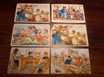 Zes oude postkaarten van katten als mensen '50 '60, Verzamelen, Ansichtkaarten | Dieren, Ophalen of Verzenden, 1940 tot 1960, Hond of Kat