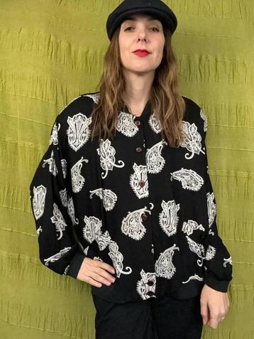 Vintage blouse/ bomber, maat 46/3XL - oversized - zwart-wit