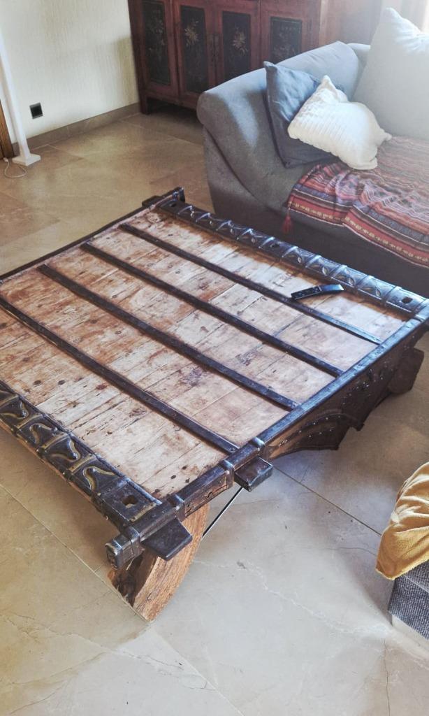 Antieke Indische Ossenkar salontafel, Huis en Inrichting, Tafels | Salontafels, Minder dan 50 cm, 50 tot 100 cm, 100 tot 150 cm