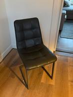 4 Donkergrijze lederen eetkamerstoelen met stalen frame, Huis en Inrichting, Stoelen, Ophalen, Gebruikt, Leer, Vier