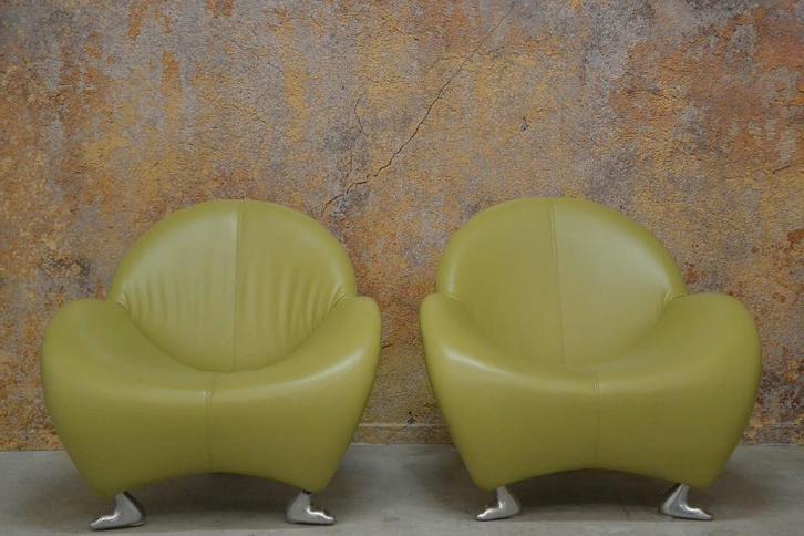 ZGANieuw limegroene Leolux Papageno design fauteuil, Huis en Inrichting, Fauteuils, Zo goed als nieuw, Leer, Metaal, 50 tot 75 cm