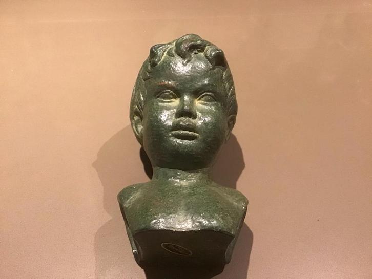 Antiek Kinderkopje - Groen, Antiek en Kunst, Kunst | Beelden en Houtsnijwerken, Ophalen of Verzenden