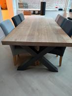 Robuuste eiken eettafel met stalen kruispoot, Huis en Inrichting, Tafels | Eettafels, Ophalen, Gebruikt, 100 tot 150 cm, Eikenhout