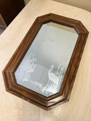 Mooie vintage spiegel houten lijst flamingo’s vogels spiegel beschikbaar voor biedingen