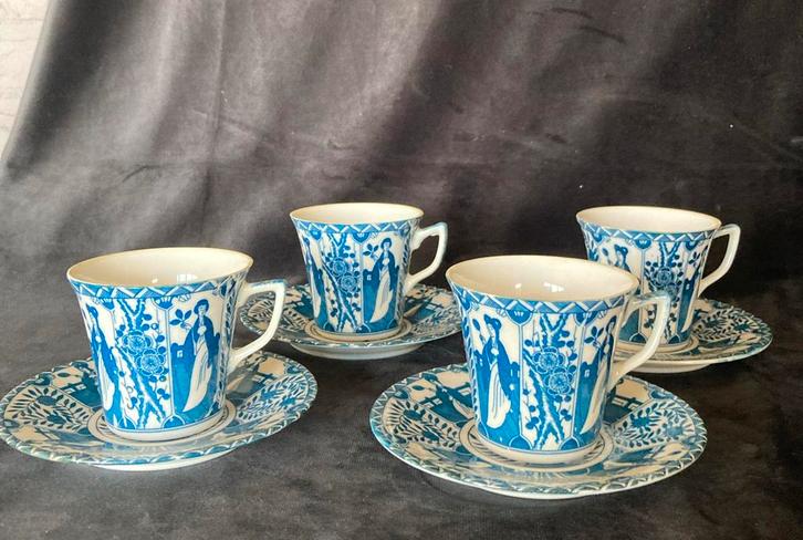 Antieke Lange Lijs Porseleinen Kop en Schotels Set van 4, Antiek en Kunst, Antiek | Porselein, Ophalen of Verzenden